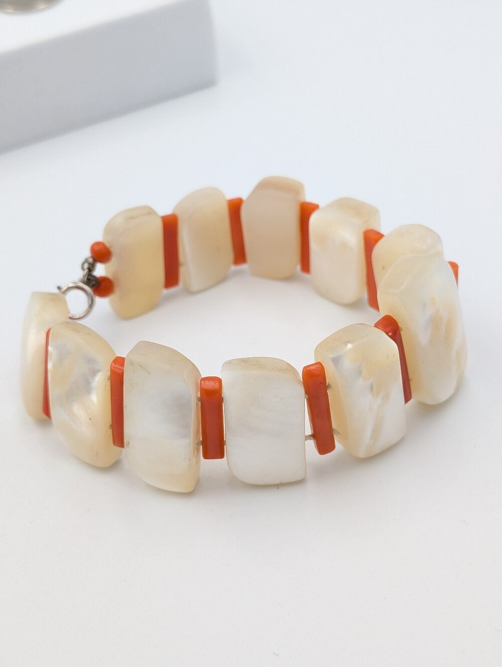Vintage heavy coral and mother of pearl MOP bracelet